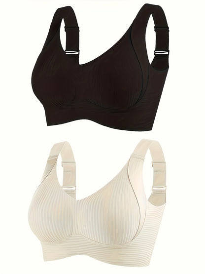 1/2/4pcs Women'S Seamless Bra - Elegant Solid Color, Wide Shoulder Straps And Built-in Bra, Comfortable And Breathable Wireless Support, No Padding Ribbed Texture - Available In White, Beige, Black, Brow