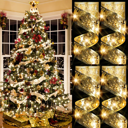 1Pc Christmas Tree Decorative Light, Battery-Powered 100LED Golden Ribbon Fairy Lights With 2 Modes (Fast/Slow Flash), For Christmas Tree, Bedroom, Porch, Holiday, Wedding, Christmas, Party And Gift Box