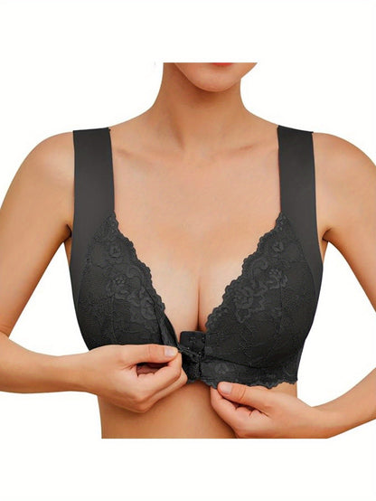 4-pack Elegant Floral Lace Push-up Bra - Comfortable Wire-free Design, Medium Support, Fashion Front Opening, Wide Straps And Jacquard Pattern - Perfect For Adult Women's Daily Wear, Home, Dating And Other Scenes