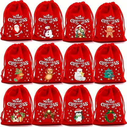 12 Christmas Candy Bags Velvet One Pack Drawstring Gift Bags, Candy Bags, Cartoon Pattern Canvas, Perfect for Party Favors, Weddings, Birthdays, Anniversaries, Christmas, General Celebrations