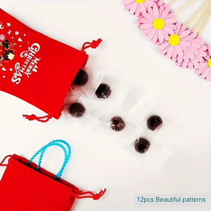 12 Christmas Candy Bags Velvet One Pack Drawstring Gift Bags, Candy Bags, Cartoon Pattern Canvas, Perfect for Party Favors, Weddings, Birthdays, Anniversaries, Christmas, General Celebrations
