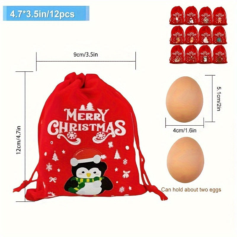 12 Christmas Candy Bags Velvet One Pack Drawstring Gift Bags, Candy Bags, Cartoon Pattern Canvas, Perfect for Party Favors, Weddings, Birthdays, Anniversaries, Christmas, General Celebrations