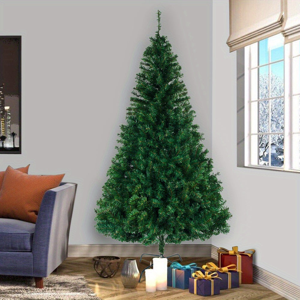 8ft Full Green Flat Top Christmas Tree with Sturdy Metal Stand - 1138 Branches for Indoor And Outdoor Holiday Decorations