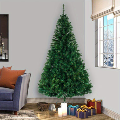 8ft Full Green Flat Top Christmas Tree with Sturdy Metal Stand - 1138 Branches for Indoor And Outdoor Holiday Decorations
