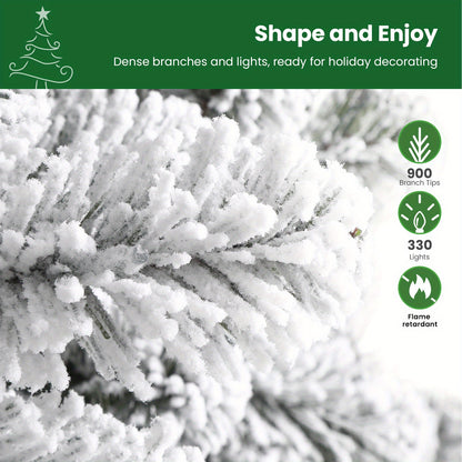 6.5ft Prelit Snow Flocked Artificial Christmas Tree with Remote Control - 170-640 RGB Lights, 378-1938 Branch Tips, Easy to Assemble, Minimal Fluff Shedding, Full & Lush Foliage for Home, Office, Party Decoration, 4/5/6/7/7.5