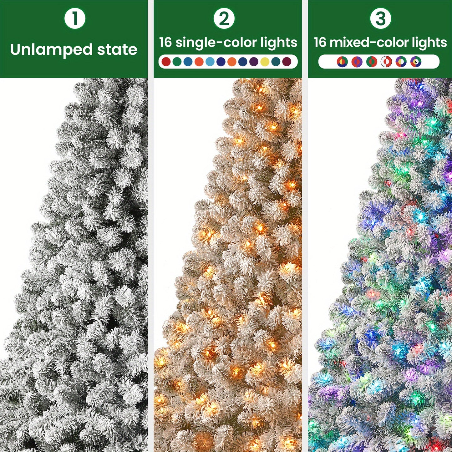6.5ft Prelit Snow Flocked Artificial Christmas Tree with Remote Control - 170-640 RGB Lights, 378-1938 Branch Tips, Easy to Assemble, Minimal Fluff Shedding, Full & Lush Foliage for Home, Office, Party Decoration, 4/5/6/7/7.5