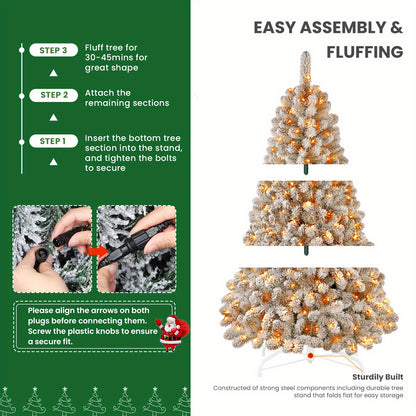 6.5ft Prelit Snow Flocked Artificial Christmas Tree with Remote Control - 170-640 RGB Lights, 378-1938 Branch Tips, Easy to Assemble, Minimal Fluff Shedding, Full & Lush Foliage for Home, Office, Party Decoration, 4/5/6/7/7.5