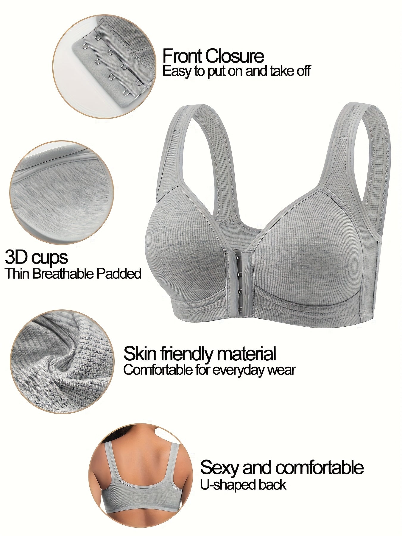 4pcs Women's Elegant Seamless Push-Up Bras - Front Closure, Breathable Nylon, Non-Padded Comfort Fit, Beige & Black for Casual Attire & Casual Outfits, Wirefree Bras, Sleek Bra Design, Smooth Texture Finish