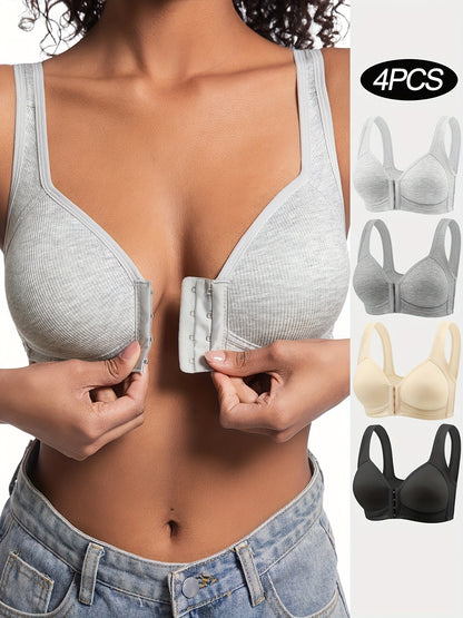 4pcs Women's Elegant Seamless Push-Up Bras - Front Closure, Breathable Nylon, Non-Padded Comfort Fit, Beige & Black for Casual Attire & Casual Outfits, Wirefree Bras, Sleek Bra Design, Smooth Texture Finish