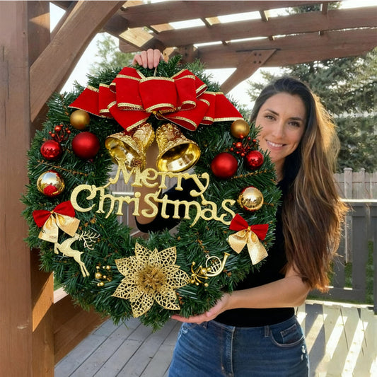 Festive Christmas Wreath with Merry Christmas Sign, 12 Inch Outdoor Wreath Decorated with Red Bow, Reindeer and Golden Glitter Ornaments for Front Door, Large Christmas Wreath, Christmas Decorations for Home Indoor, Christmas