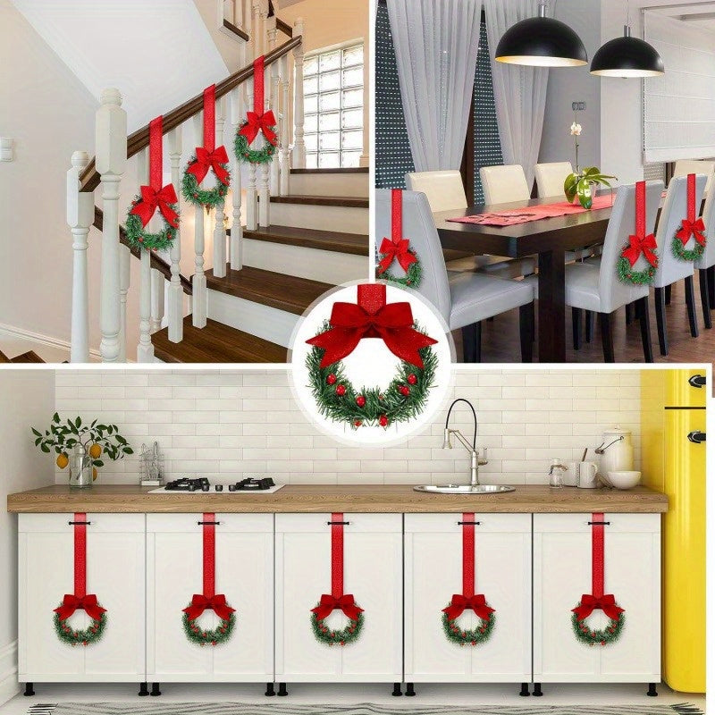 6pcs Christmas Kitchen Cabinet Mini Wreaths Hanging Ornaments With Bow & Berries, 5.12 Inch Mini Christmas Wreath Small Kitchen Xmas Decor, Artificial Hanging Garlands For Window/ Cabinet/ Chair/ Door/ Staircase