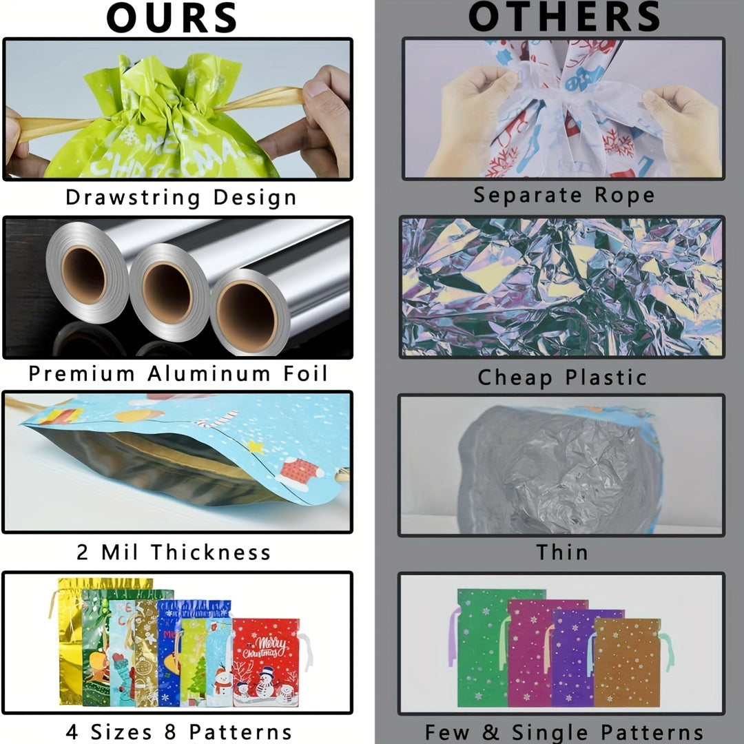 MERGROLY 28pcs Christmas Drawstring Gift Bags with Ribbon - 4 Sizes (Jumbo/Extra Large/Medium/Small) & 8 Festive Designs, Durable Polyester Holiday Wrapping Bags for Xmas Presents, Party Favors, Goody Bags - Reindeer, Snowfla