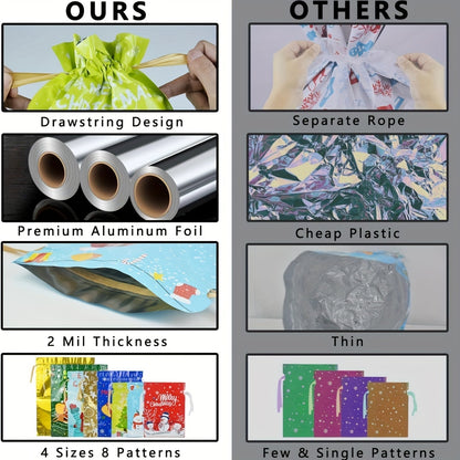 MERGROLY 28pcs Christmas Drawstring Gift Bags with Ribbon - 4 Sizes (Jumbo/Extra Large/Medium/Small) & 8 Festive Designs, Durable Polyester Holiday Wrapping Bags for Xmas Presents, Party Favors, Goody Bags - Reindeer, Snowfla