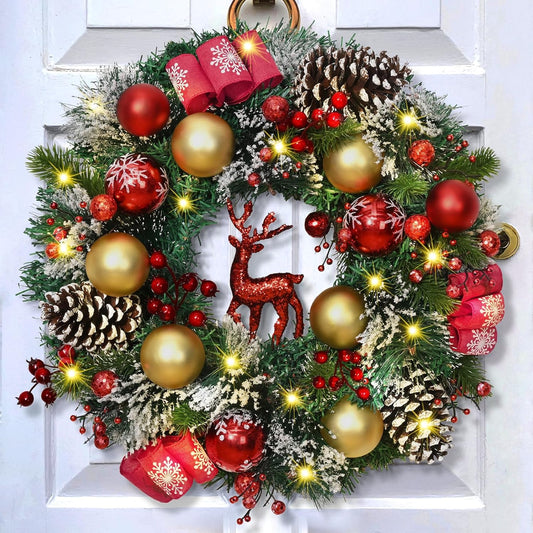 TUREHOM 16'' Sparkly Red Berries, Pine Cones & Reindeer Christmas Wreath - Pre-Decorated All-Weather Plastic Door Hanger for Front Door, Wall, / Holiday Party Decorations, Christmas Decor