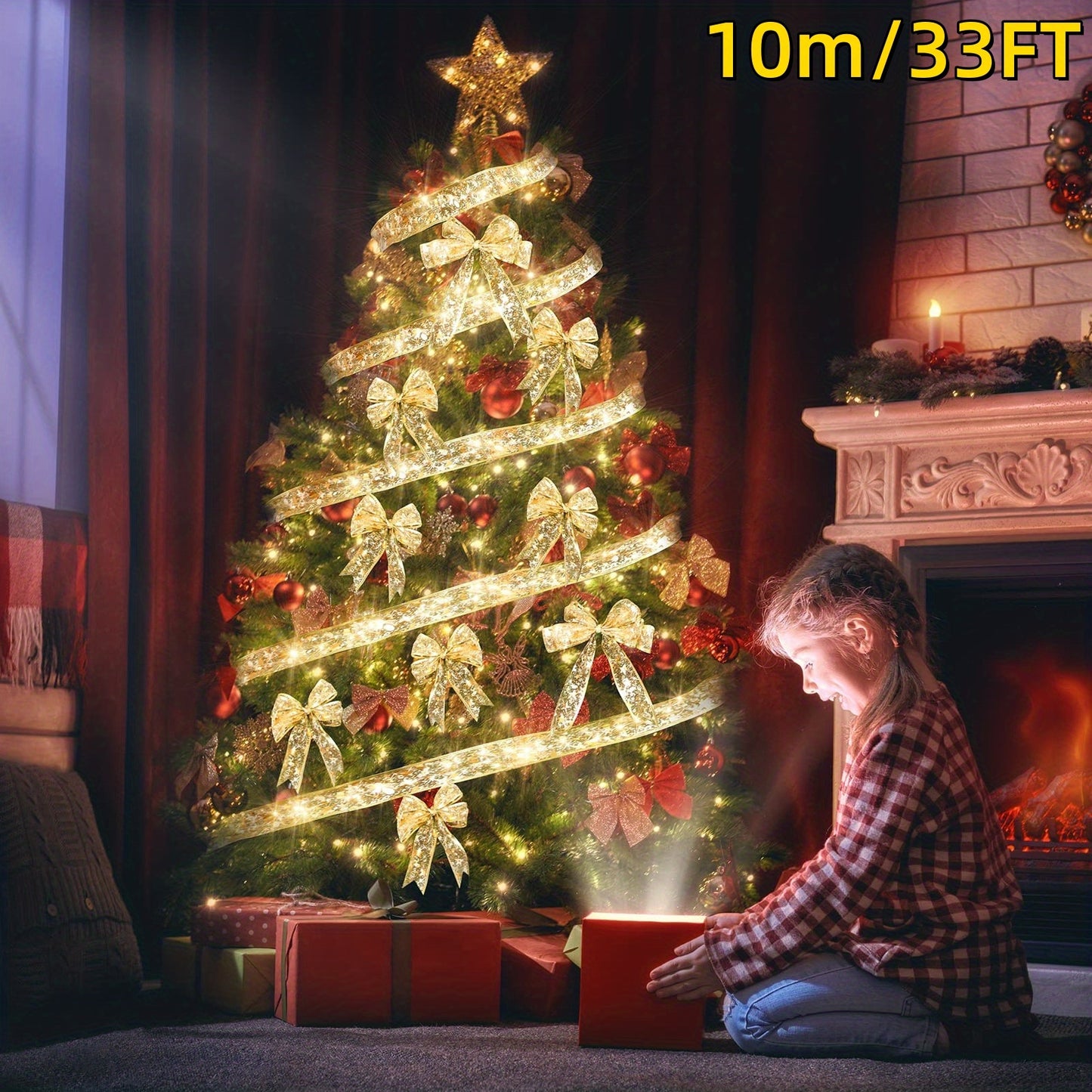 1Pc Christmas Tree Decorative Light, Battery-Powered 100LED Golden Ribbon Fairy Lights With 2 Modes (Fast/Slow Flash), For Christmas Tree, Bedroom, Porch, Holiday, Wedding, Christmas, Party And Gift Box
