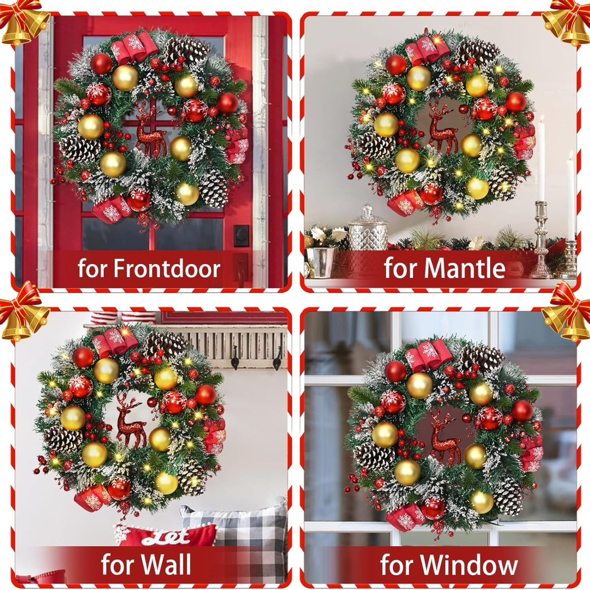 TUREHOM 16'' Sparkly Red Berries, Pine Cones & Reindeer Christmas Wreath - Pre-Decorated All-Weather Plastic Door Hanger for Front Door, Wall, / Holiday Party Decorations, Christmas Decor