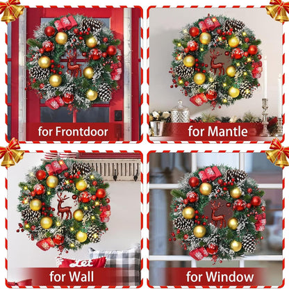 TUREHOM 16'' Sparkly Red Berries, Pine Cones & Reindeer Christmas Wreath - Pre-Decorated All-Weather Plastic Door Hanger for Front Door, Wall, / Holiday Party Decorations, Christmas Decor