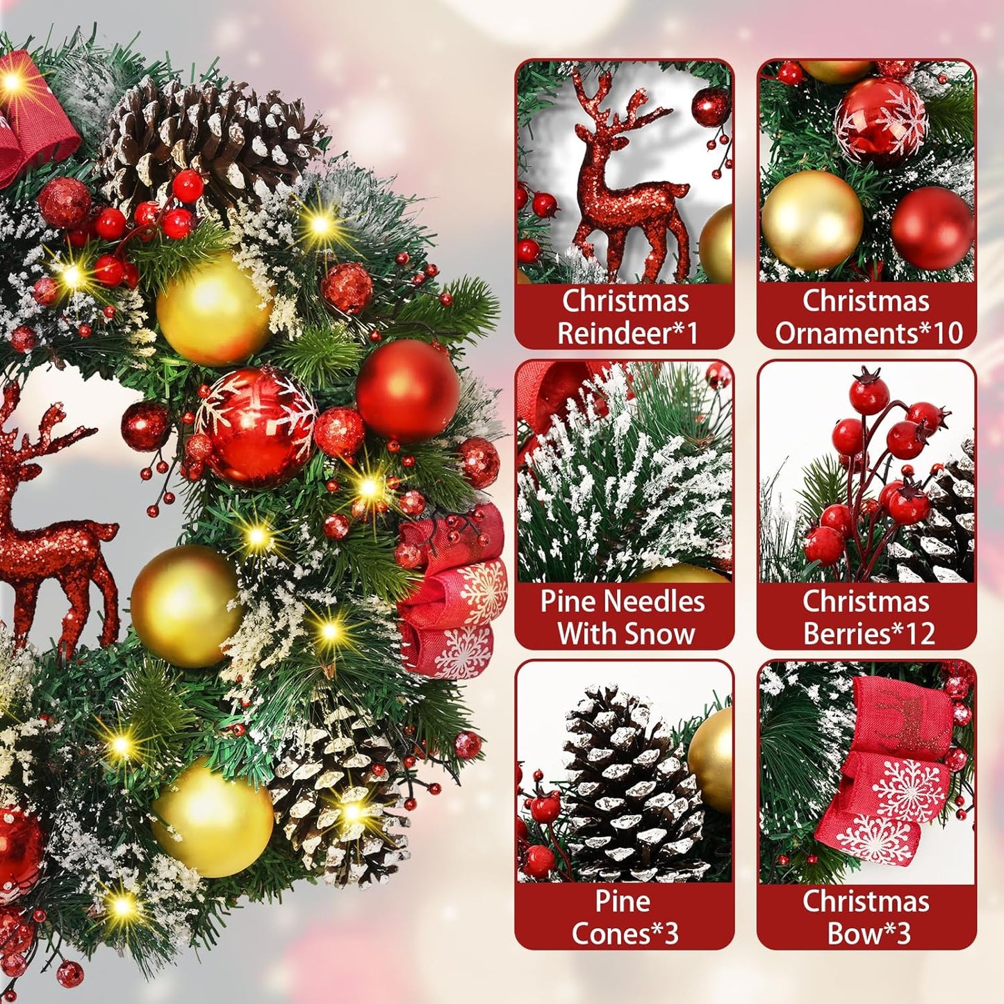 TUREHOM 16'' Sparkly Red Berries, Pine Cones & Reindeer Christmas Wreath - Pre-Decorated All-Weather Plastic Door Hanger for Front Door, Wall, / Holiday Party Decorations, Christmas Decor