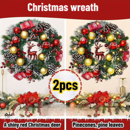 TUREHOM 16'' Sparkly Red Berries, Pine Cones & Reindeer Christmas Wreath - Pre-Decorated All-Weather Plastic Door Hanger for Front Door, Wall, / Holiday Party Decorations, Christmas Decor