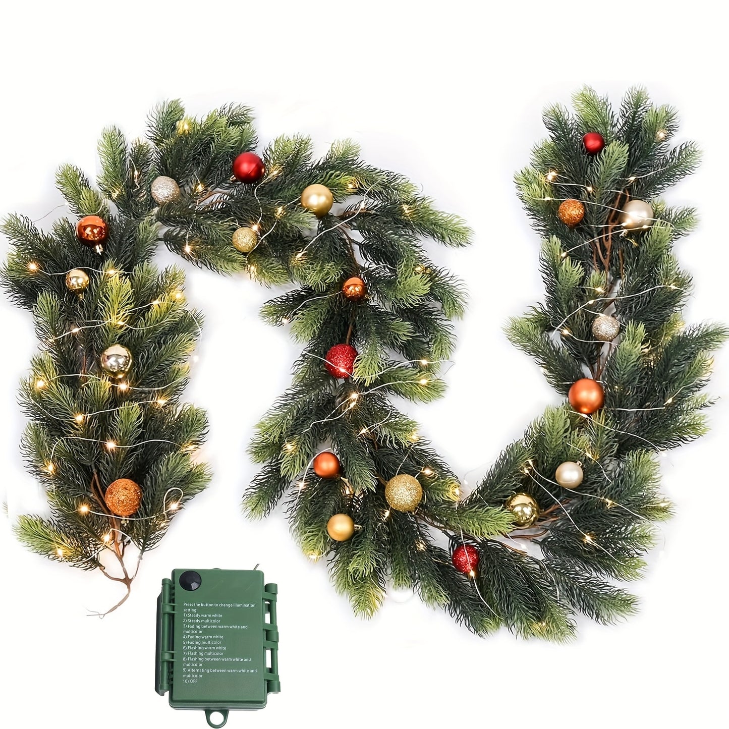 6FT Christmas Wreath, Artificial Pine And Cypress Wreath, Christmas Decoration Watch Set, Background Wall Room, Winter Wreath, Indoor Christmas Decoration, 8-function Battery, 50 Light Beads