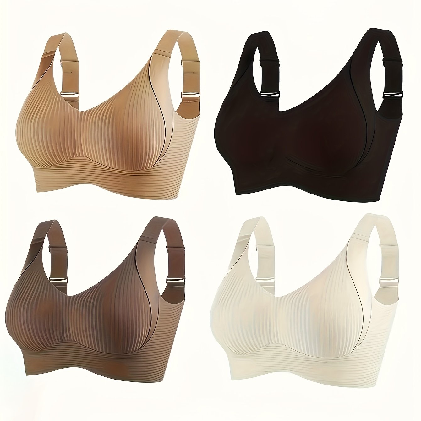1/2/4pcs Women'S Seamless Bra - Elegant Solid Color, Wide Shoulder Straps And Built-in Bra, Comfortable And Breathable Wireless Support, No Padding Ribbed Texture - Available In White, Beige, Black, Brow