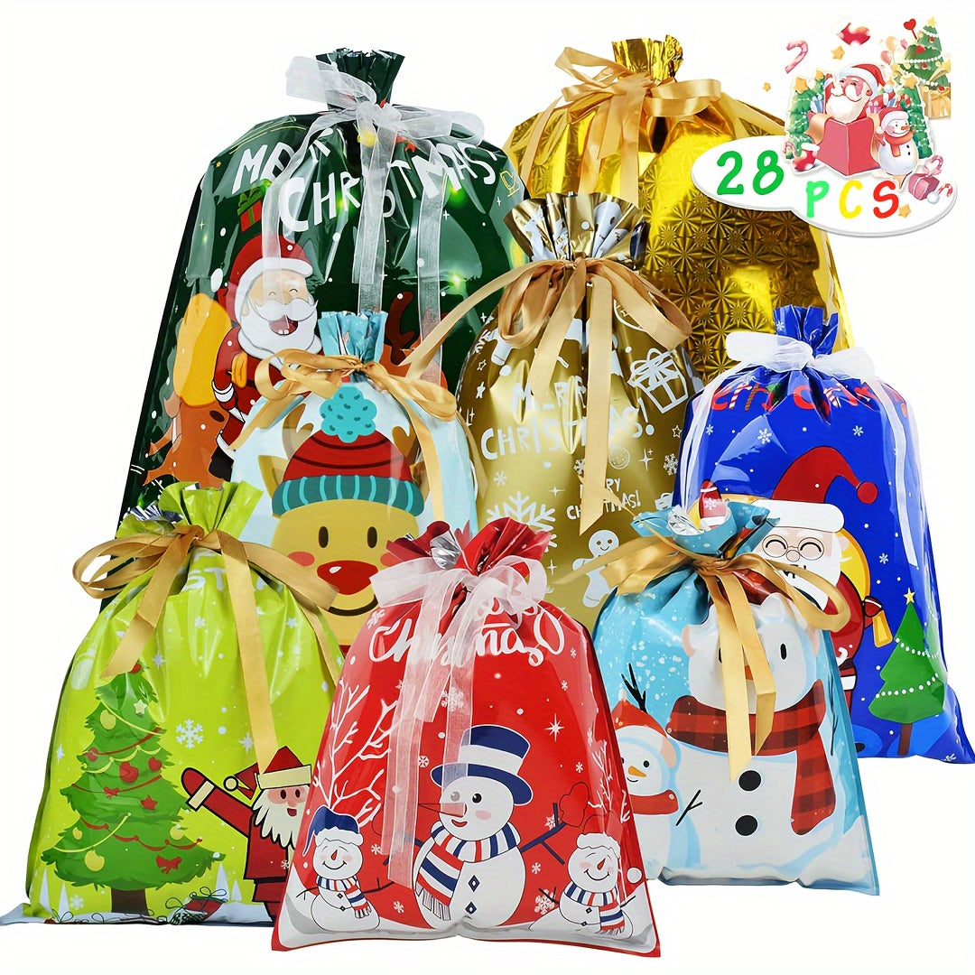 MERGROLY 28pcs Christmas Drawstring Gift Bags with Ribbon - 4 Sizes (Jumbo/Extra Large/Medium/Small) & 8 Festive Designs, Durable Polyester Holiday Wrapping Bags for Xmas Presents, Party Favors, Goody Bags - Reindeer, Snowfla