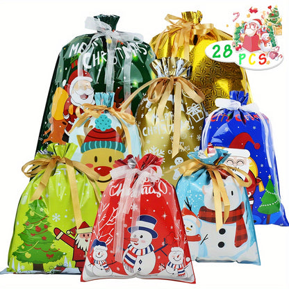 MERGROLY 28pcs Christmas Drawstring Gift Bags with Ribbon - 4 Sizes (Jumbo/Extra Large/Medium/Small) & 8 Festive Designs, Durable Polyester Holiday Wrapping Bags for Xmas Presents, Party Favors, Goody Bags - Reindeer, Snowfla