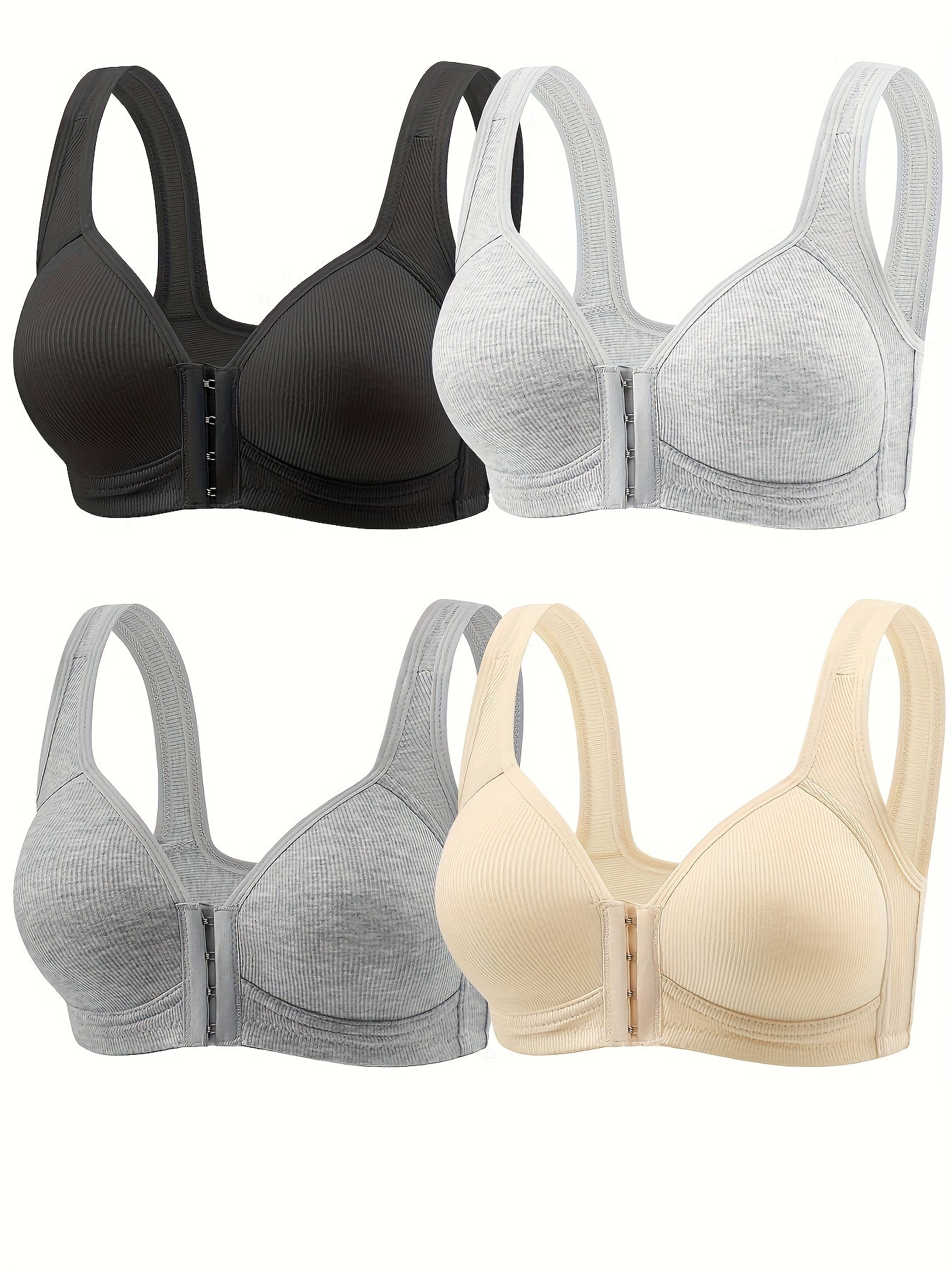 4pcs Women's Elegant Seamless Push-Up Bras - Front Closure, Breathable Nylon, Non-Padded Comfort Fit, Beige & Black for Casual Attire & Casual Outfits, Wirefree Bras, Sleek Bra Design, Smooth Texture Finish