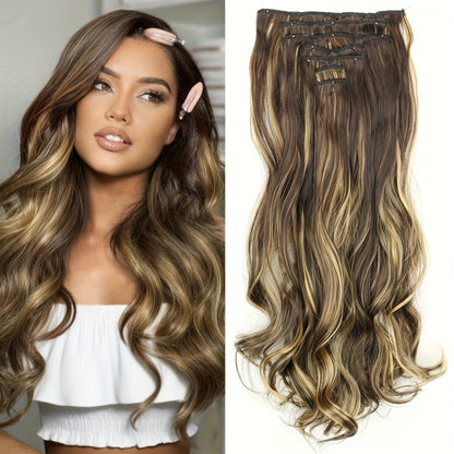7 Sets (16 Clips) Clip-In Curly Hair Extensions for Women - 24" Long Blonde/Brown/Beige/Balayage Ombre Wavy Wig Pieces, -Looking Volume & Length for Everyday, Parties, Weddings, Sensitive Scalp Friendly - Easy Clip-On Extensi