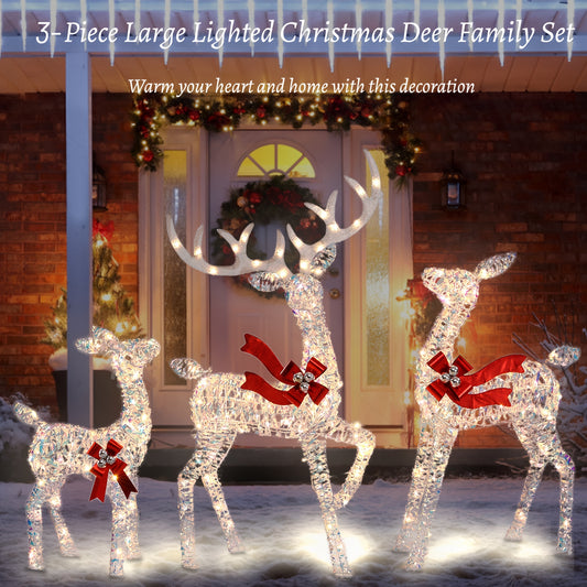 3pcs Large Lighted Christmas Deer Family Set, Christmas Indoor And Outdoor Decoration with 225 Warm White LED Lights, Ground Pegs, Cable Ties. Suitable for Patio Lawn Garden Party-Colorful,  Holiday Deer Family, Led Lawn Orna