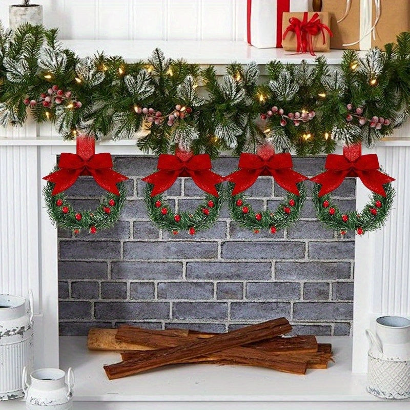 6pcs Christmas Kitchen Cabinet Mini Wreaths Hanging Ornaments With Bow & Berries, 5.12 Inch Mini Christmas Wreath Small Kitchen Xmas Decor, Artificial Hanging Garlands For Window/ Cabinet/ Chair/ Door/ Staircase