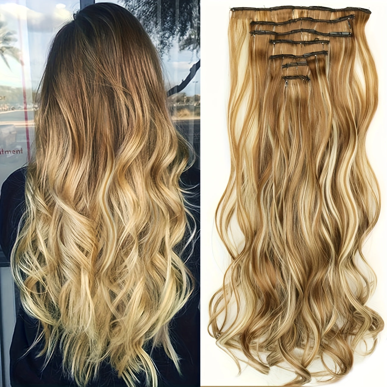 7 Sets (16 Clips) Clip-In Curly Hair Extensions for Women - 24" Long Blonde/Brown/Beige/Balayage Ombre Wavy Wig Pieces, -Looking Volume & Length for Everyday, Parties, Weddings, Sensitive Scalp Friendly - Easy Clip-On Extensi