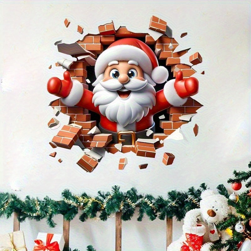 3D Santa Breakthrough Wall Sticker - Shiny PVC Christmas Sticker for Living Room, Bedroom and Home Decor, Cross Border, Wallpaper