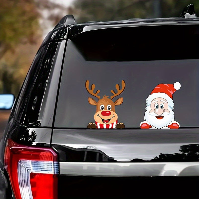 Festive Holiday Vehicle Decals - Waterproof Santa & Reindeer Window Clings - Self-Adhesive Vinyl Christmas Decorations with Glitter, Suitable for Glass, Metal, Ceramic Surfaces - Anime Theme, Single Use