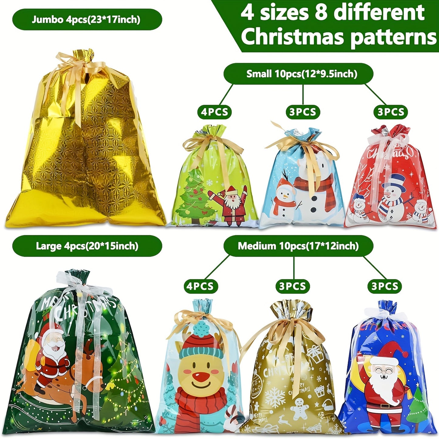 MERGROLY 28pcs Christmas Drawstring Gift Bags with Ribbon - 4 Sizes (Jumbo/Extra Large/Medium/Small) & 8 Festive Designs, Durable Polyester Holiday Wrapping Bags for Xmas Presents, Party Favors, Goody Bags - Reindeer, Snowfla