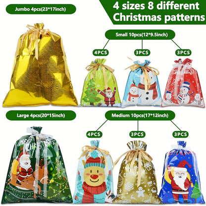 MERGROLY 28pcs Christmas Drawstring Gift Bags with Ribbon - 4 Sizes (Jumbo/Extra Large/Medium/Small) & 8 Festive Designs, Durable Polyester Holiday Wrapping Bags for Xmas Presents, Party Favors, Goody Bags - Reindeer, Snowfla