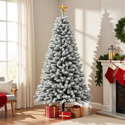 Prelit Christmas Tree with Lights 6Ft - Premium Snow Flocked Artificial Xmas Tree,With 874 Branch Tips and 250 Warm Lightsm,Support Automatique,Perfect Choice for Christmas Decorations,White