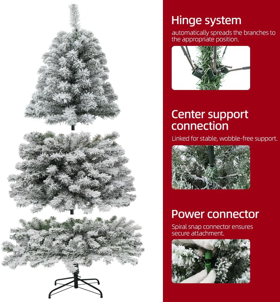 Prelit Christmas Tree with Lights 6Ft - Premium Snow Flocked Artificial Xmas Tree,With 874 Branch Tips and 250 Warm Lightsm,Support Automatique,Perfect Choice for Christmas Decorations,White
