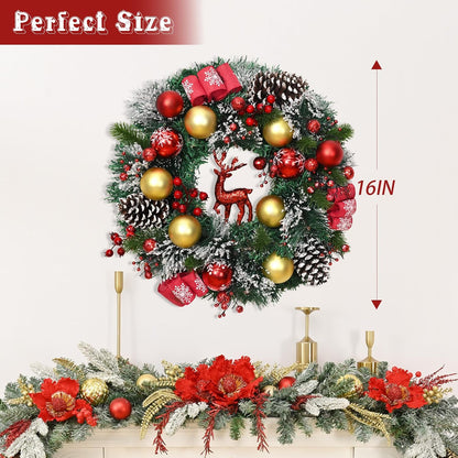 TUREHOM 16'' Sparkly Red Berries, Pine Cones & Reindeer Christmas Wreath - Pre-Decorated All-Weather Plastic Door Hanger for Front Door, Wall, / Holiday Party Decorations, Christmas Decor