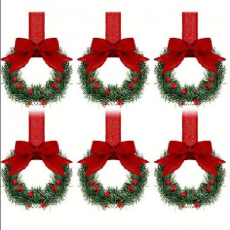 6pcs Christmas Kitchen Cabinet Mini Wreaths Hanging Ornaments With Bow & Berries, 5.12 Inch Mini Christmas Wreath Small Kitchen Xmas Decor, Artificial Hanging Garlands For Window/ Cabinet/ Chair/ Door/ Staircase