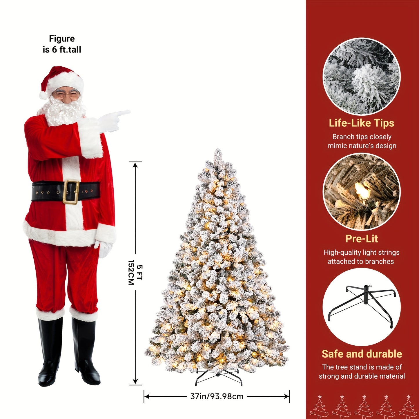 4/5/6/7/7.5/9ft Full Snow Flocked Xmas Tree 2025 New Style - 100-450 Warm White Lights, 301-1213 Lush Branches, Foldable Base | Ideal Holiday Decoration for Home/Office/Party