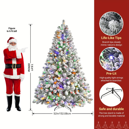6.5ft Prelit Snow Flocked Artificial Christmas Tree with Remote Control - 170-640 RGB Lights, 378-1938 Branch Tips, Easy to Assemble, Minimal Fluff Shedding, Full & Lush Foliage for Home, Office, Party Decoration, 4/5/6/7/7.5