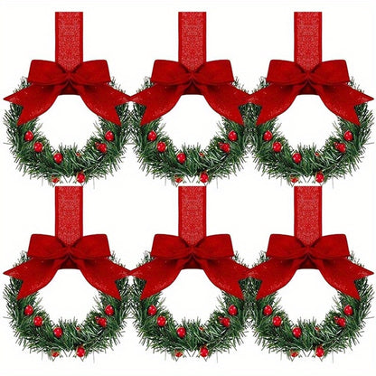 6pcs Christmas Kitchen Cabinet Mini Wreaths Hanging Ornaments With Bow & Berries, 5.12 Inch Mini Christmas Wreath Small Kitchen Xmas Decor, Artificial Hanging Garlands For Window/ Cabinet/ Chair/ Door/ Staircase