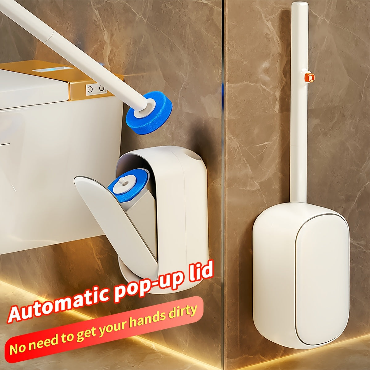 White Disposable Toilet Brush Set with Wall-Mounted Holder And Scrubbing Solution Wand Refills - Bathroom Cleaning Kit (1-Pack)