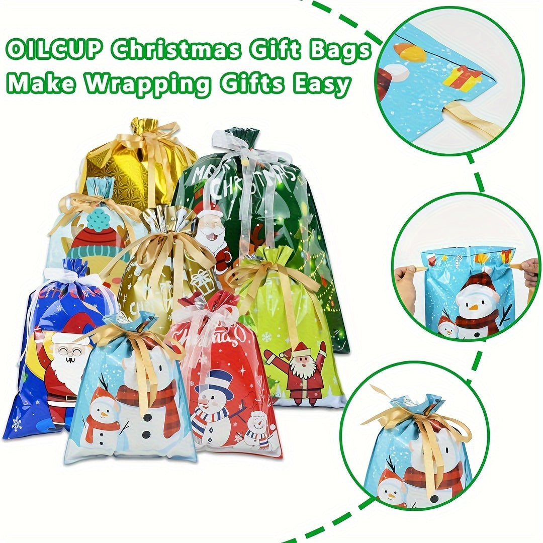 MERGROLY 28pcs Christmas Drawstring Gift Bags with Ribbon - 4 Sizes (Jumbo/Extra Large/Medium/Small) & 8 Festive Designs, Durable Polyester Holiday Wrapping Bags for Xmas Presents, Party Favors, Goody Bags - Reindeer, Snowfla