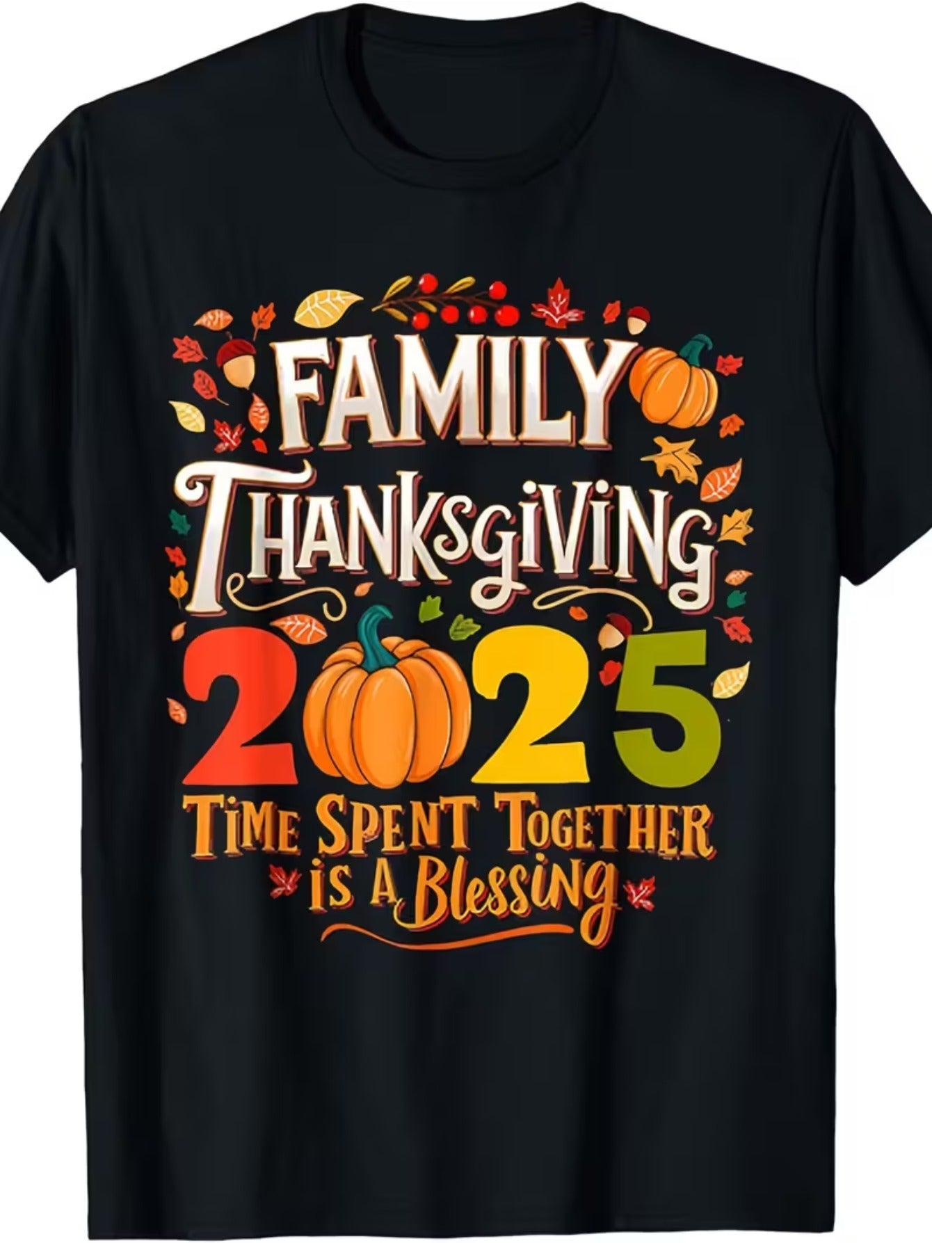 Men's & Women's 2025 Family Thanksgiving T-Shirt - 100% Cotton Crew Neck Short Sleeve with Turkey, Pumpkin & Autumn Leaf Print - Year-Round Casual Wear for Christmas, Birthdays, or Holiday Gifts (Black/White) - Ideal 2025 Gro