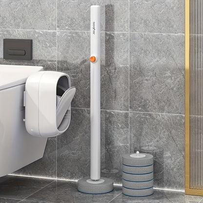 White Disposable Toilet Brush Set with Wall-Mounted Holder And Scrubbing Solution Wand Refills - Bathroom Cleaning Kit (1-Pack)