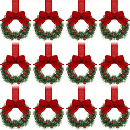 6pcs Christmas Kitchen Cabinet Mini Wreaths Hanging Ornaments With Bow & Berries, 5.12 Inch Mini Christmas Wreath Small Kitchen Xmas Decor, Artificial Hanging Garlands For Window/ Cabinet/ Chair/ Door/ Staircase