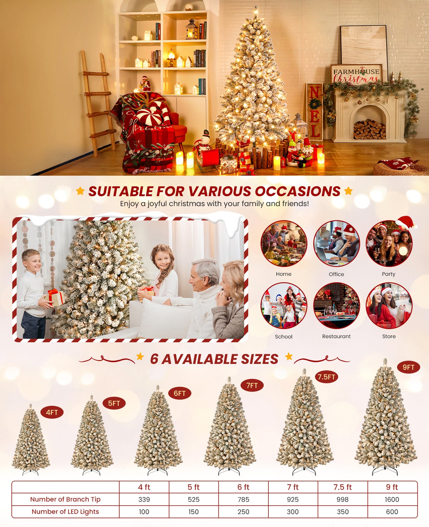 4/5/6/7/7.5/9ft Full Snow Flocked Xmas Tree 2025 New Style - 100-450 Warm White Lights, 301-1213 Lush Branches, Foldable Base | Ideal Holiday Decoration for Home/Office/Party