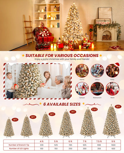 4/5/6/7/7.5/9ft Full Snow Flocked Xmas Tree 2025 New Style - 100-450 Warm White Lights, 301-1213 Lush Branches, Foldable Base | Ideal Holiday Decoration for Home/Office/Party